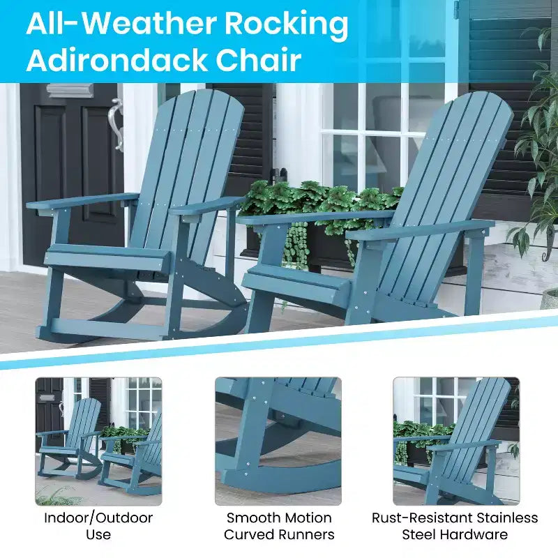 Emma and Oliver Set of 2 Marcy Classic All-Weather Poly Resin Rocking Adirondack Chairs with Stainless Steel Hardware for Year Round Use