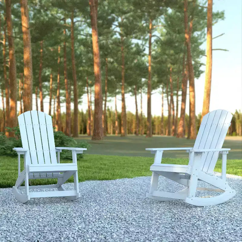 Emma and Oliver Set of 2 Marcy Classic All-Weather Poly Resin Rocking Adirondack Chairs with Stainless Steel Hardware for Year Round Use