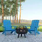Emma and Oliver Three Piece Hartford Camping Set with Two Faux Wood Adirondack Chairs and Star and Moon Fire Pit with Mesh Cover