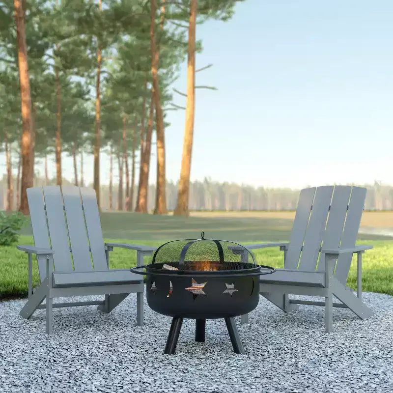 Emma and Oliver Three Piece Hartford Camping Set with Two Faux Wood Adirondack Chairs and Star and Moon Fire Pit with Mesh Cover
