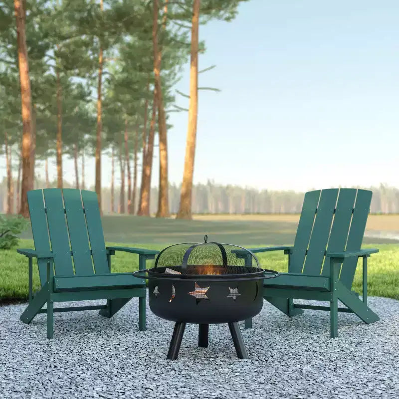 Emma and Oliver Three Piece Hartford Camping Set with Two Faux Wood Adirondack Chairs and Star and Moon Fire Pit with Mesh Cover