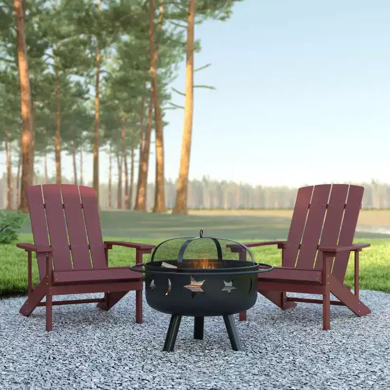 Emma and Oliver Three Piece Hartford Camping Set with Two Faux Wood Adirondack Chairs and Star and Moon Fire Pit with Mesh Cover