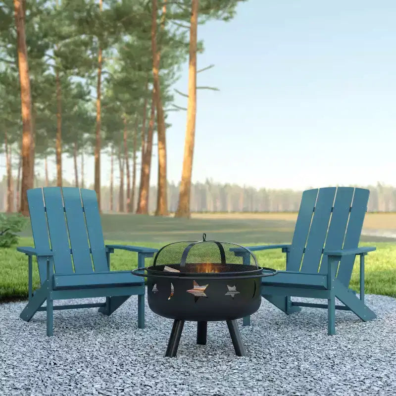 Emma and Oliver Three Piece Hartford Camping Set with Two Faux Wood Adirondack Chairs and Star and Moon Fire Pit with Mesh Cover