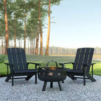 Emma and Oliver Three Piece Hartford Camping Set with Two Faux Wood Adirondack Chairs and Star and Moon Fire Pit with Mesh Cover