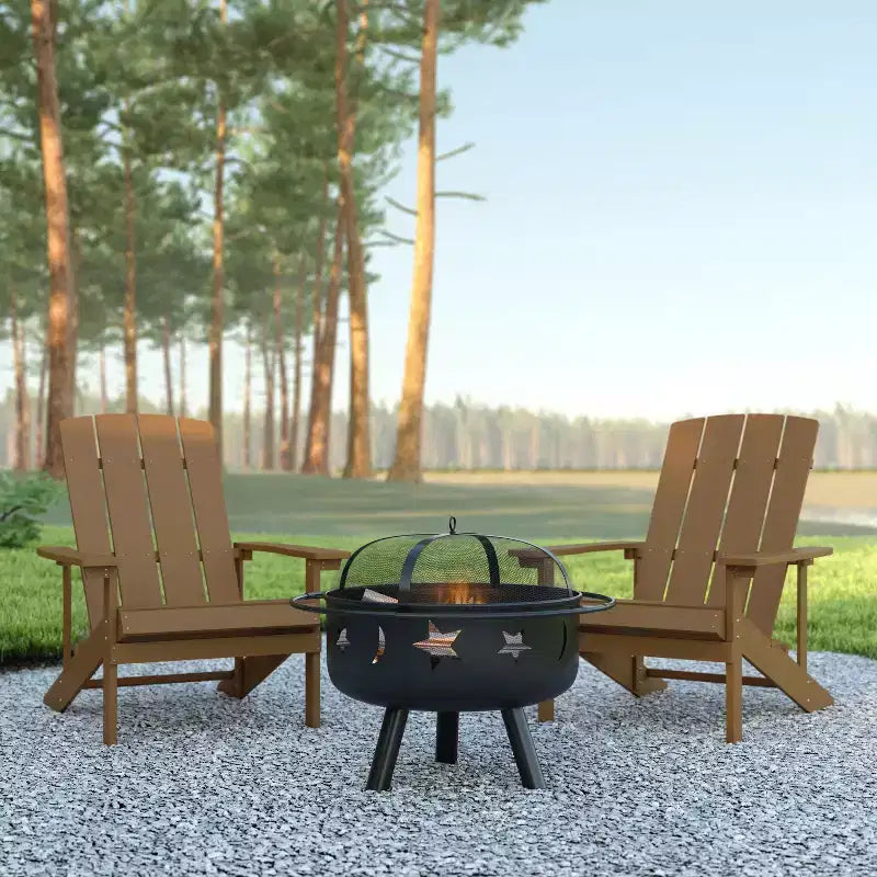 Emma and Oliver Three Piece Hartford Camping Set with Two Faux Wood Adirondack Chairs and Star and Moon Fire Pit with Mesh Cover