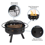 Emma and Oliver Three Piece Hartford Camping Set with Two Faux Wood Adirondack Chairs and Star and Moon Fire Pit with Mesh Cover