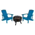 Emma and Oliver Three Piece Hartford Camping Set with Two Faux Wood Adirondack Chairs and Star and Moon Fire Pit with Mesh Cover