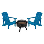 Emma and Oliver Three Piece Hartford Camping Set with Two Faux Wood Adirondack Chairs and Star and Moon Fire Pit with Mesh Cover