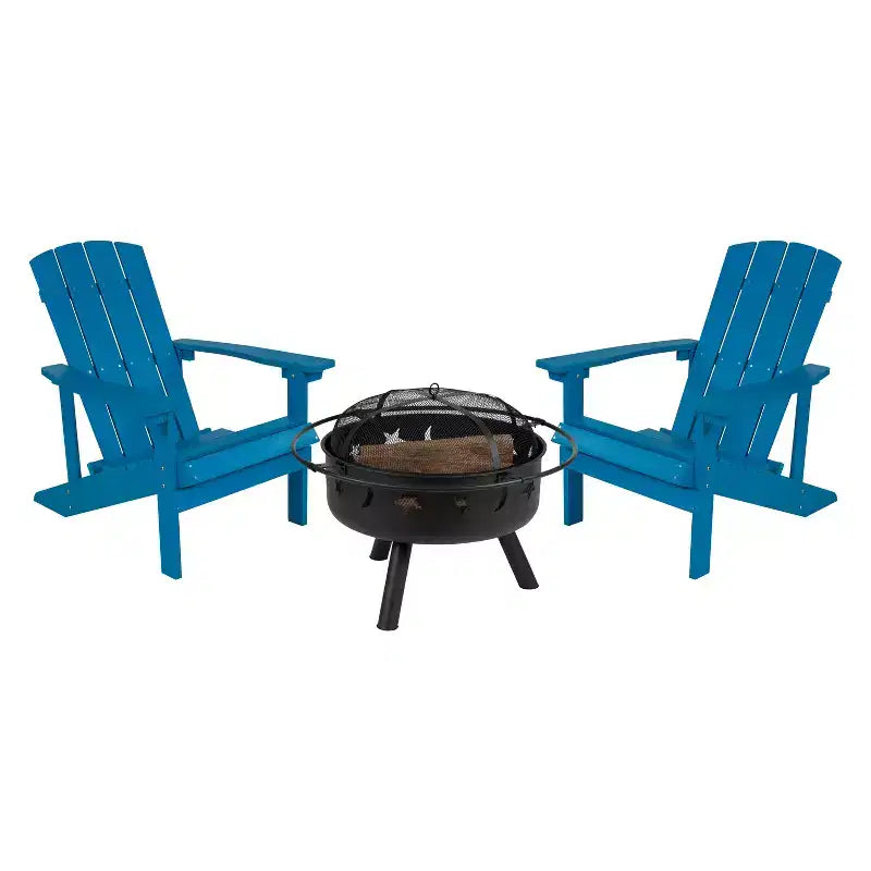 Emma and Oliver Three Piece Hartford Camping Set with Two Faux Wood Adirondack Chairs and Star and Moon Fire Pit with Mesh Cover