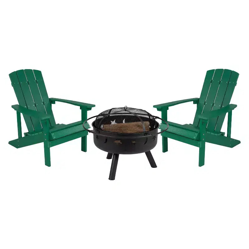 Set da campeggio Emma and Oliver Hartford da tre pezzi con due sedie Adirondack effetto legno e braciere Stelle e Luna con copertura a rete