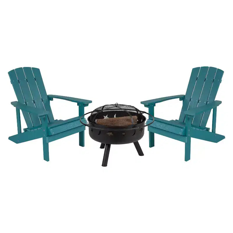 Set da campeggio Emma and Oliver Hartford da tre pezzi con due sedie Adirondack effetto legno e braciere Stelle e Luna con copertura a rete