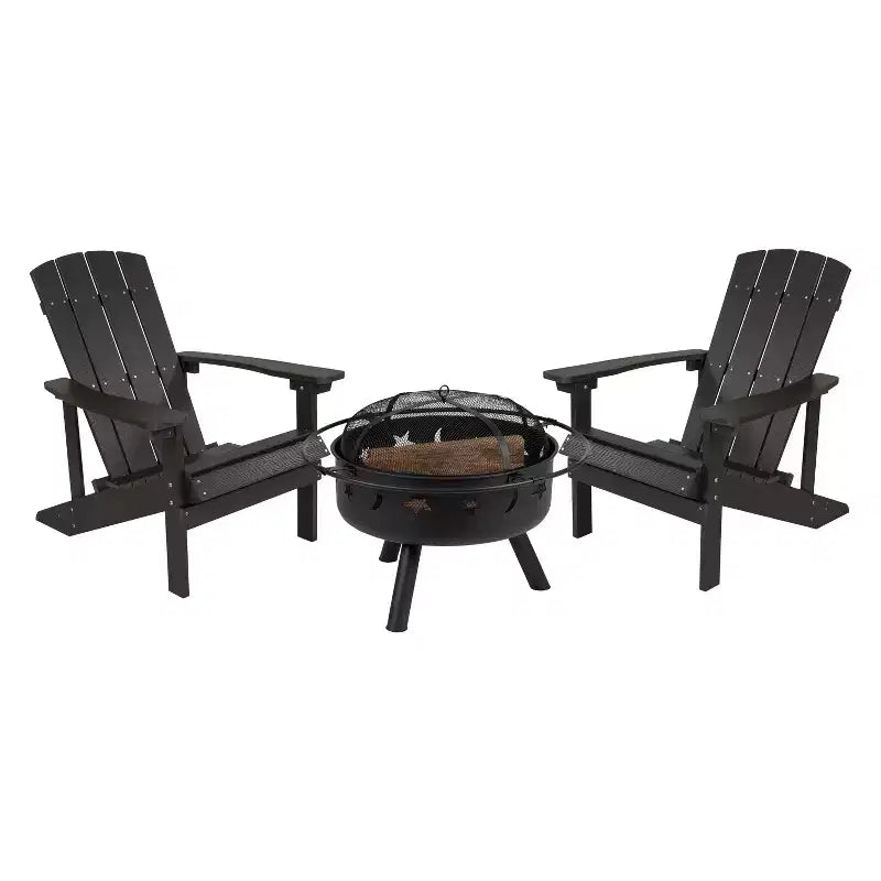 Set da campeggio Emma and Oliver Hartford da tre pezzi con due sedie Adirondack effetto legno e braciere Stelle e Luna con copertura a rete