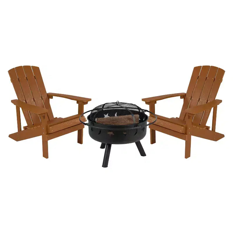 Set da campeggio Emma and Oliver Hartford da tre pezzi con due sedie Adirondack effetto legno e braciere Stelle e Luna con copertura a rete