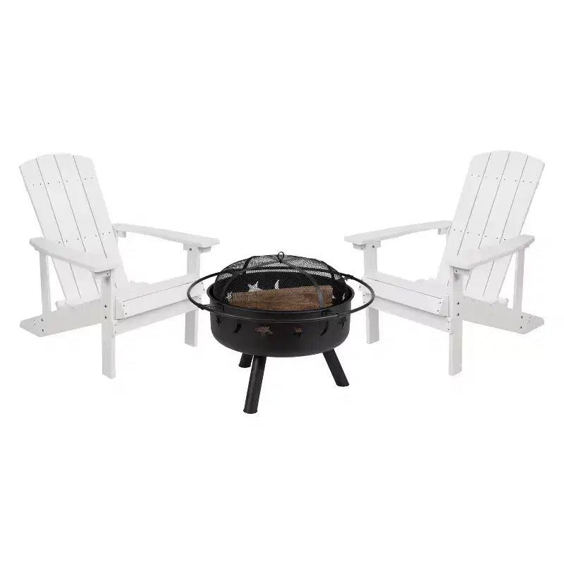 Set da campeggio Emma and Oliver Hartford da tre pezzi con due sedie Adirondack effetto legno e braciere Stelle e Luna con copertura a rete