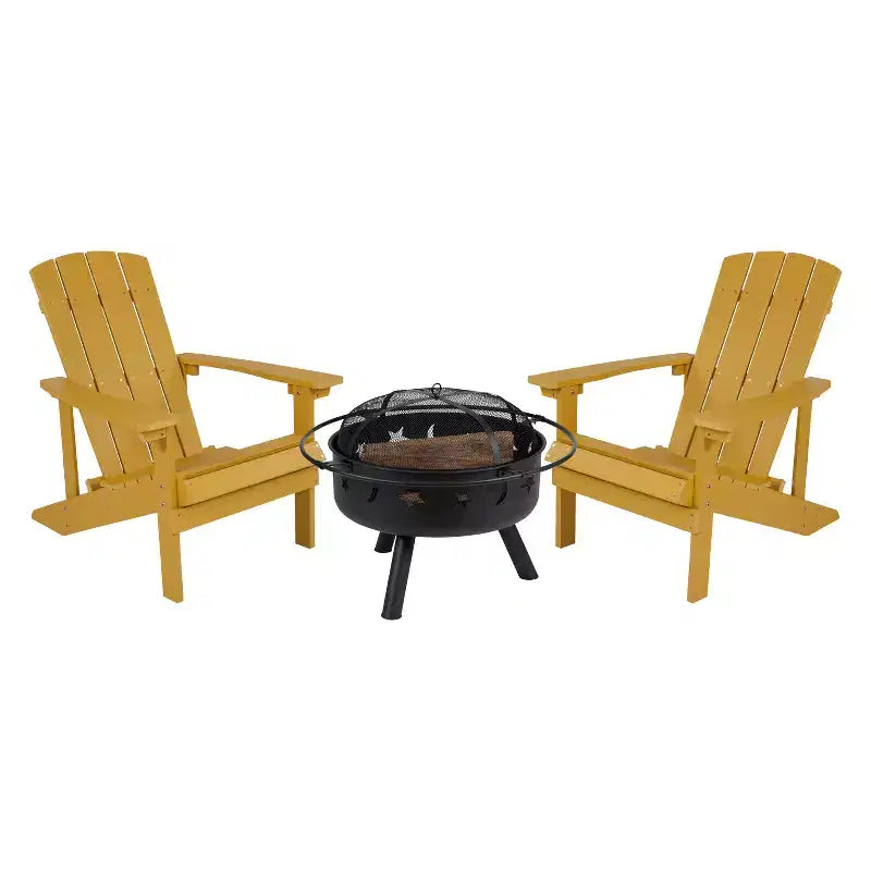Set da campeggio Emma and Oliver Hartford da tre pezzi con due sedie Adirondack effetto legno e braciere Stelle e Luna con copertura a rete