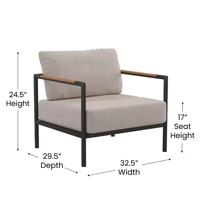 Poltrona da esterno Merrick Lane con cuscini in peluche rimovibili e struttura in alluminio con dettagli in teak