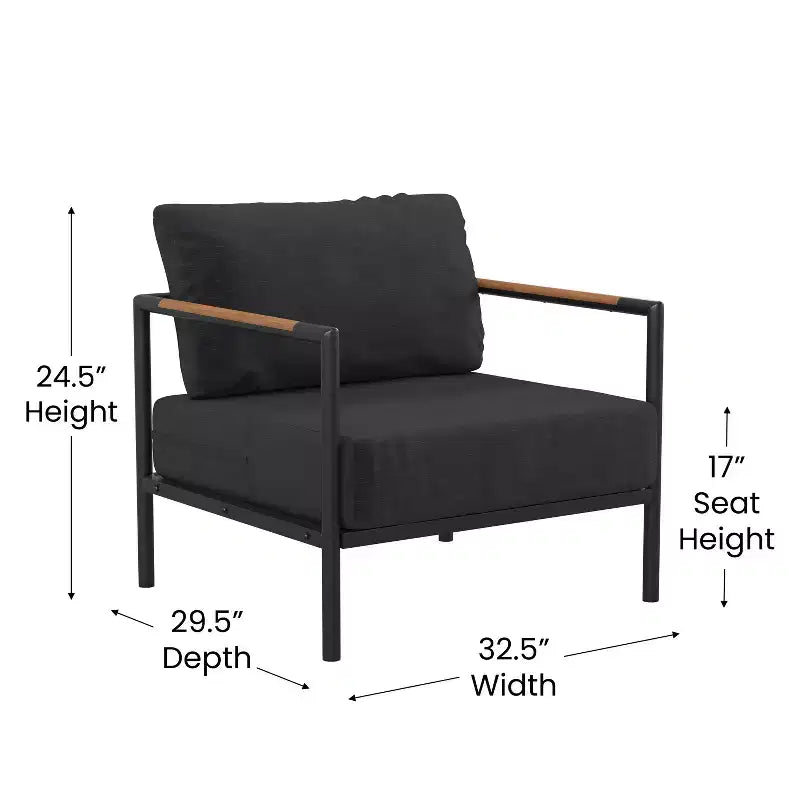 Poltrona da esterno Merrick Lane con cuscini in peluche rimovibili e struttura in alluminio con dettagli in teak