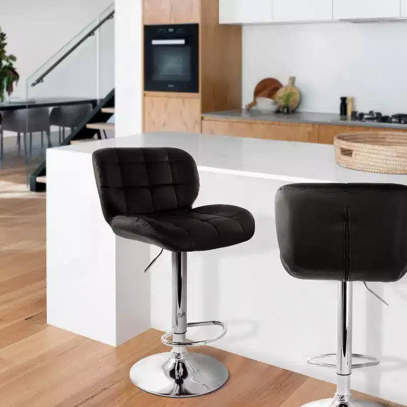 Elama 2 Piece Adjustable Faux Leather Tufted Bar Stool in Black with Chrome Base
