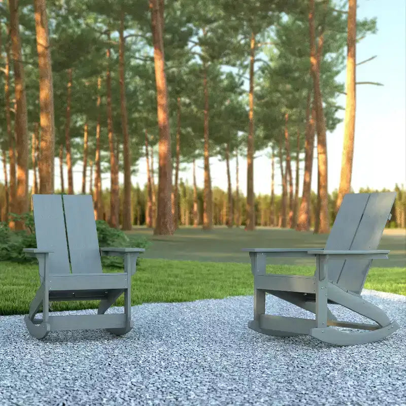 Emma and Oliver Set of 2 Modern All-Weather Poly Resin Adirondack Rocking Chairs for Indoor/Outdoor Use