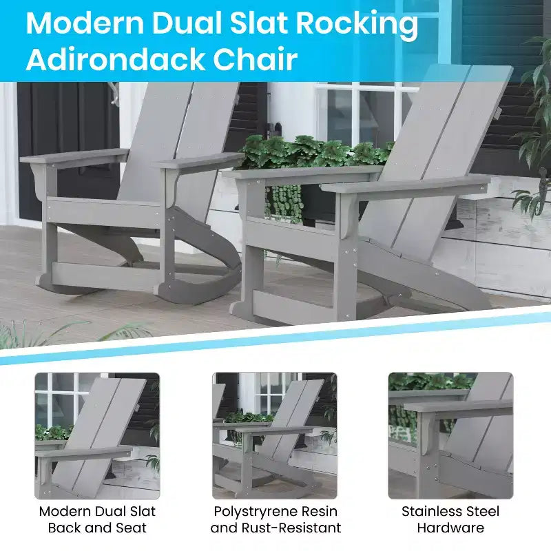 Emma and Oliver Set of 2 Modern All-Weather Poly Resin Adirondack Rocking Chairs for Indoor/Outdoor Use
