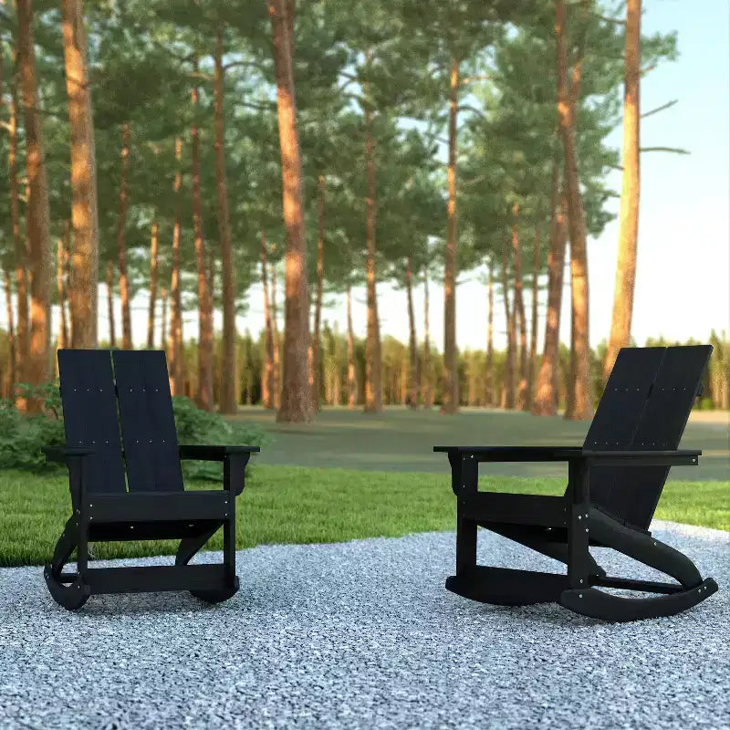 Emma and Oliver Set of 2 Modern All-Weather Poly Resin Adirondack Rocking Chairs for Indoor/Outdoor Use