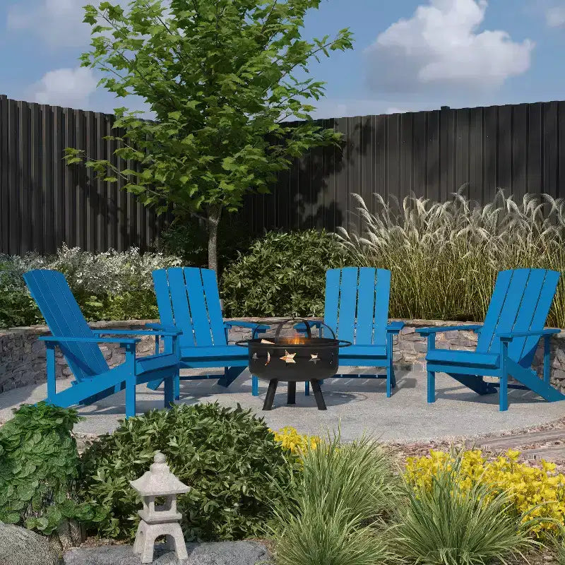 Merrick Lane Ayala 5 Piece Outdoor Leisure Set with Set of 4 Poly Resin Adirondack Chairs and Star and Moon Iron Fire Pit