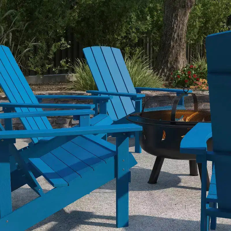 Merrick Lane Ayala 5 Piece Outdoor Leisure Set with Set of 4 Poly Resin Adirondack Chairs and Star and Moon Iron Fire Pit
