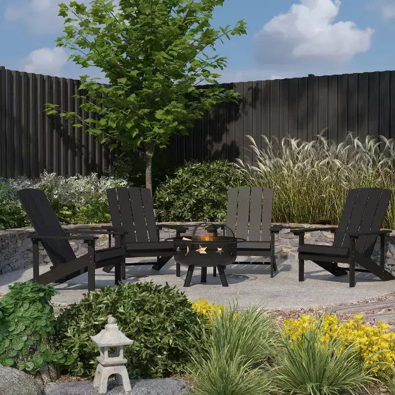 Merrick Lane Ayala 5 Piece Outdoor Leisure Set with Set of 4 Poly Resin Adirondack Chairs and Star and Moon Iron Fire Pit