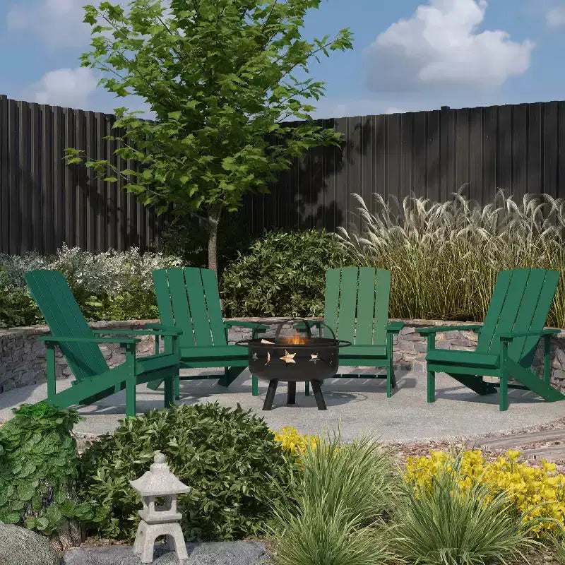 Merrick Lane Ayala 5 Piece Outdoor Leisure Set with Set of 4 Poly Resin Adirondack Chairs and Star and Moon Iron Fire Pit