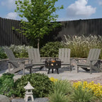 Merrick Lane Ayala 5 Piece Outdoor Leisure Set with Set of 4 Poly Resin Adirondack Chairs and Star and Moon Iron Fire Pit