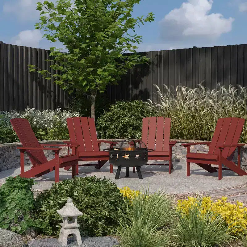 Merrick Lane Ayala 5 Piece Outdoor Leisure Set with Set of 4 Poly Resin Adirondack Chairs and Star and Moon Iron Fire Pit