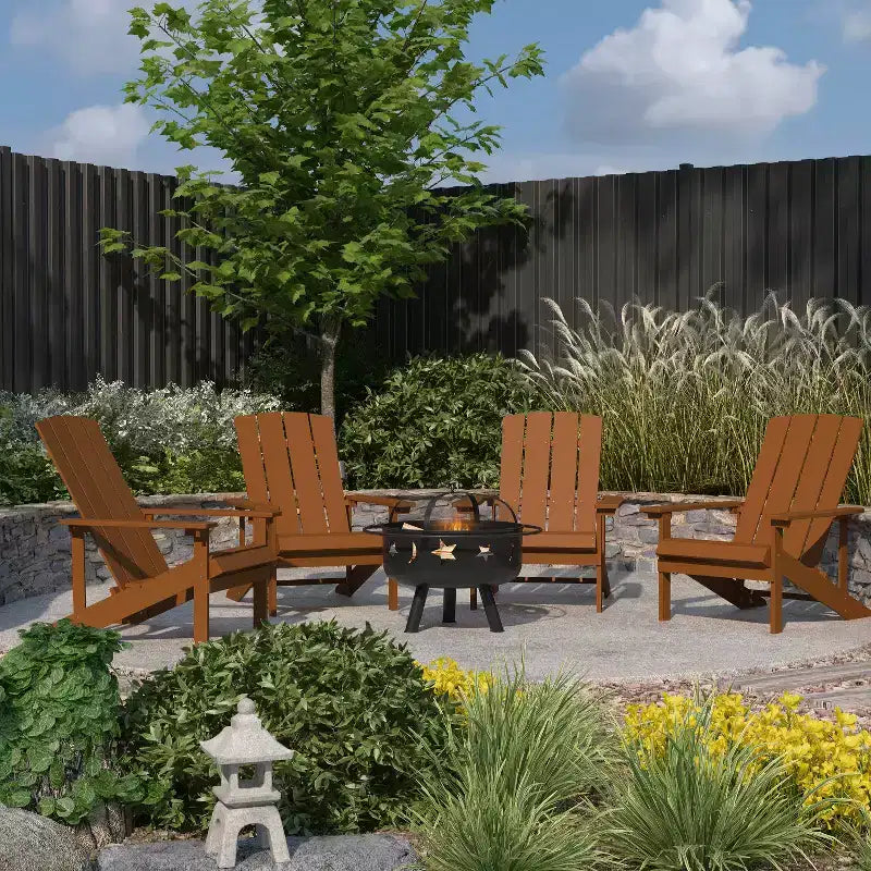 Merrick Lane Ayala 5 Piece Outdoor Leisure Set with Set of 4 Poly Resin Adirondack Chairs and Star and Moon Iron Fire Pit