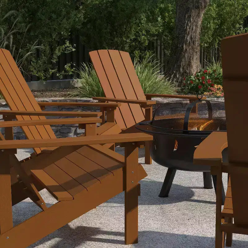 Merrick Lane Ayala 5 Piece Outdoor Leisure Set with Set of 4 Poly Resin Adirondack Chairs and Star and Moon Iron Fire Pit