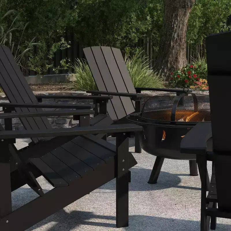 Merrick Lane Ayala 5 Piece Outdoor Leisure Set with Set of 4 Poly Resin Adirondack Chairs and Star and Moon Iron Fire Pit
