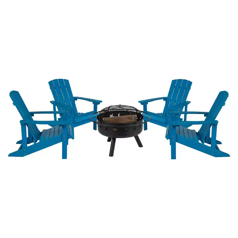Merrick Lane Ayala 5 Piece Outdoor Leisure Set with Set of 4 Poly Resin Adirondack Chairs and Star and Moon Iron Fire Pit