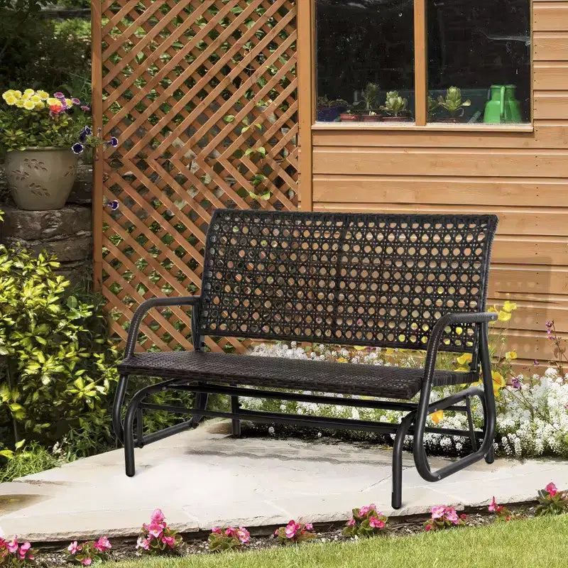 Outsunny 2-Person Outdoor Wicker Glider Bench Patio Garden PE Rattan Swing Loveseat Chair with Extra Wide Seat and Curved Backrest Dark Gray