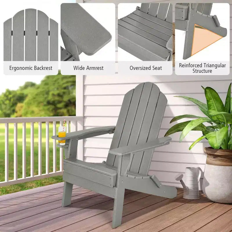Costway Patio Folding Adirondack Chair Weather Resistant Cup Holder Yard