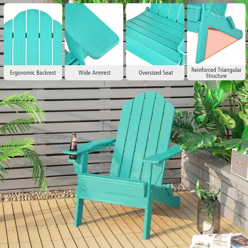 Costway Patio Folding Adirondack Chair Weather Resistant Cup Holder Yard