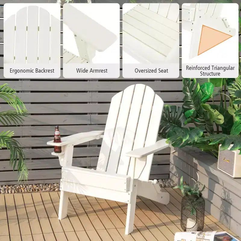Costway Patio Folding Adirondack Chair Weather Resistant Cup Holder Yard