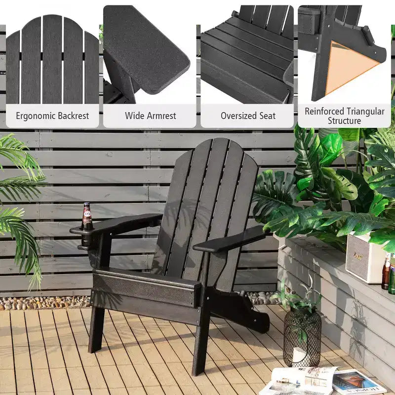 Costway Patio Folding Adirondack Chair Weather Resistant Cup Holder Yard