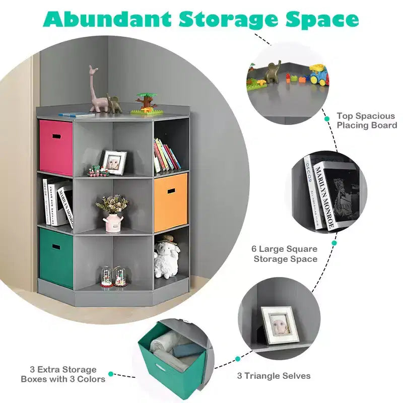 Costway 3-Tier Kid Storage Shelf Cubes w/3 Baskets Corner Cabinet Organizer Gray