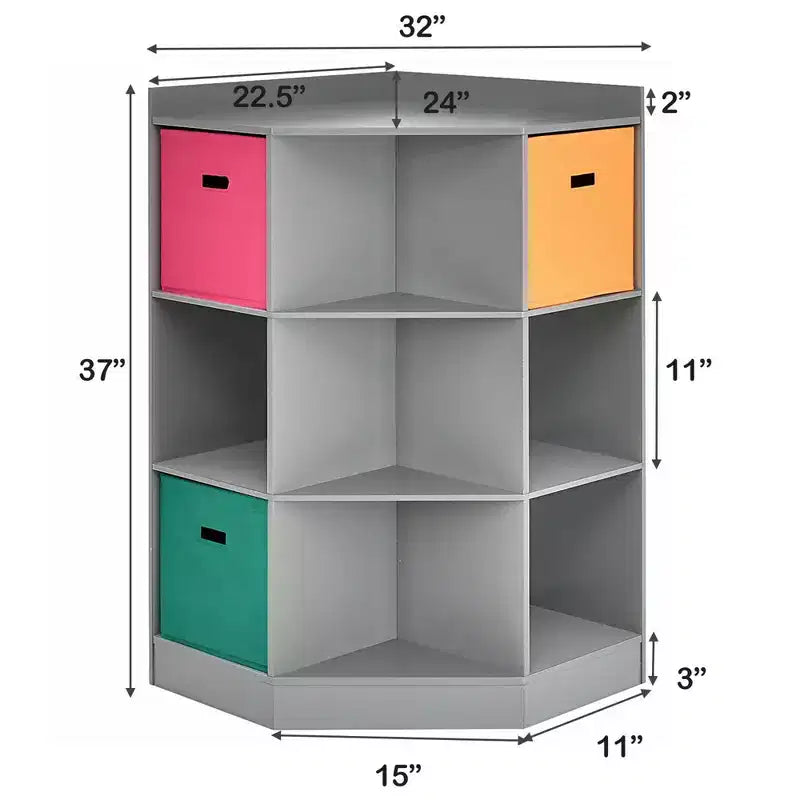 Costway 3-Tier Kid Storage Shelf Cubes w/3 Baskets Corner Cabinet Organizer Gray