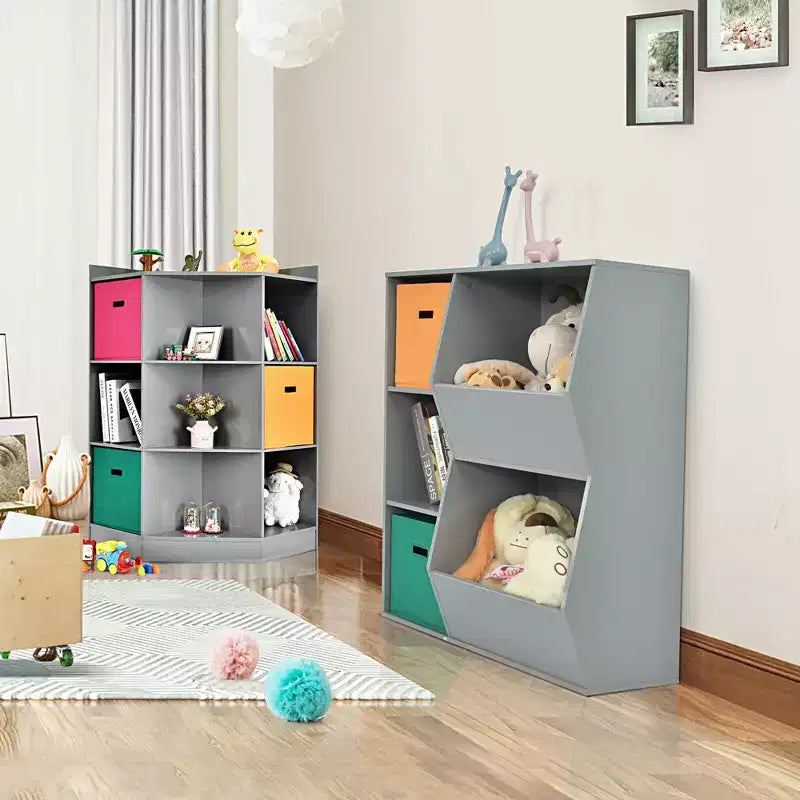 Costway 3-Tier Kid Storage Shelf Cubes w/3 Baskets Corner Cabinet Organizer Gray