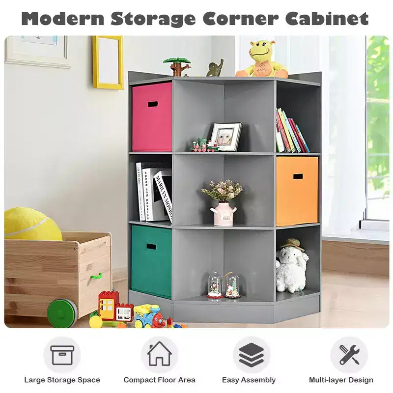 Costway 3-Tier Kid Storage Shelf Cubes w/3 Baskets Corner Cabinet Organizer Gray