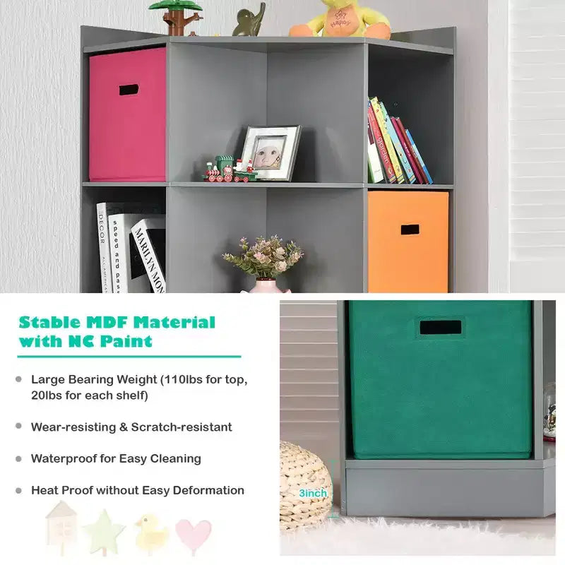 Costway 3-Tier Kid Storage Shelf Cubes w/3 Baskets Corner Cabinet Organizer Gray