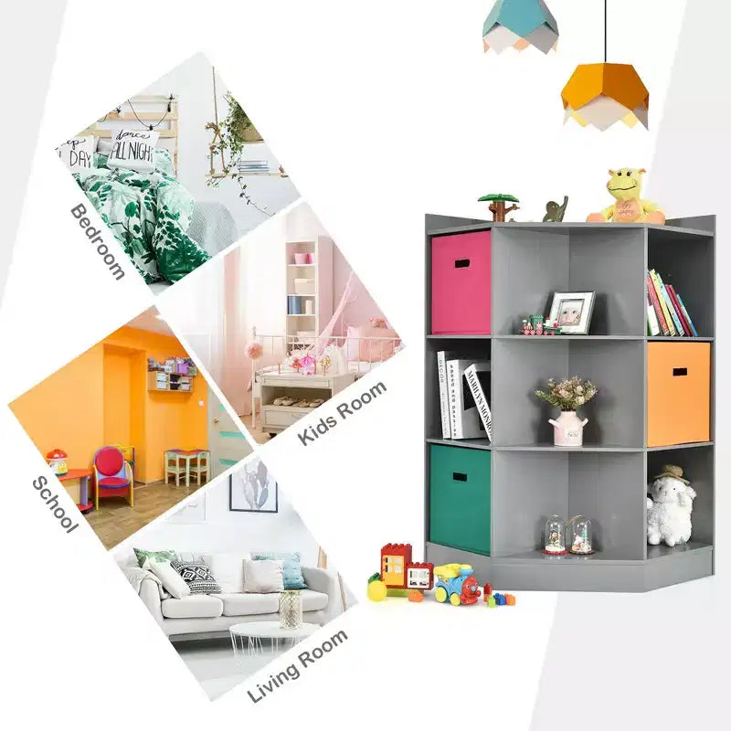 Costway 3-Tier Kid Storage Shelf Cubes w/3 Baskets Corner Cabinet Organizer Gray