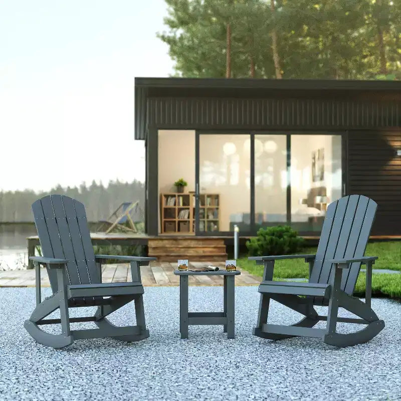 Flash Furniture Set of 2 Savannah All-Weather Poly Resin Wood Adirondack Rocking Chairs with Side Table