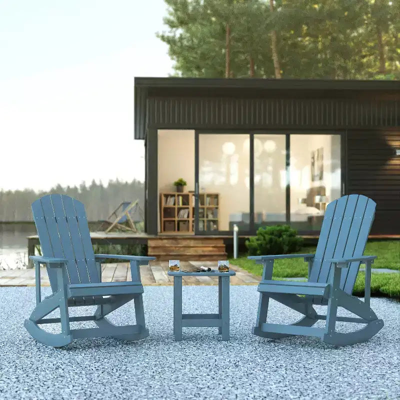 Flash Furniture Set of 2 Savannah All-Weather Poly Resin Wood Adirondack Rocking Chairs with Side Table