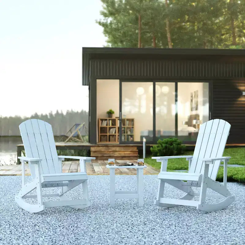 Flash Furniture Set of 2 Savannah All-Weather Poly Resin Wood Adirondack Rocking Chairs with Side Table