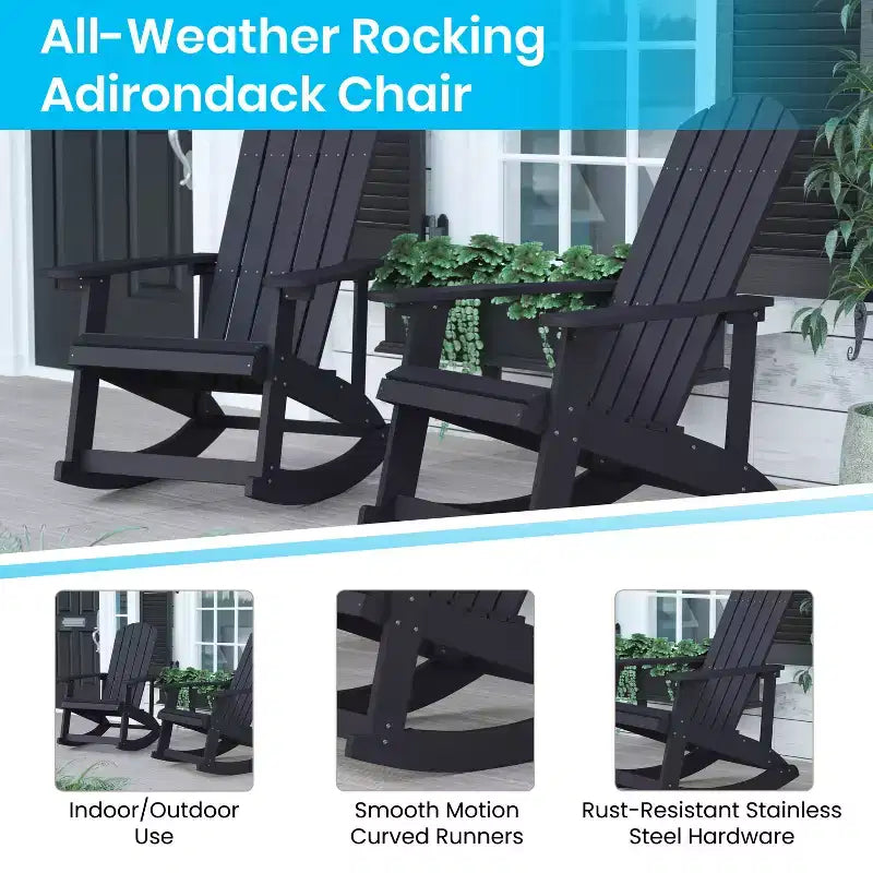 Set di 4 sedie a dondolo Adirondack Savannah in poliresina effetto legno per tutte le stagioni con tavolino Flash Furniture